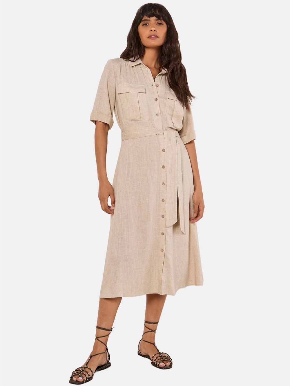 Sz M⭐️NWT APRICOT Stone Linen Blend Button-Front Midi Shirt Dress - Picture 8 of 12